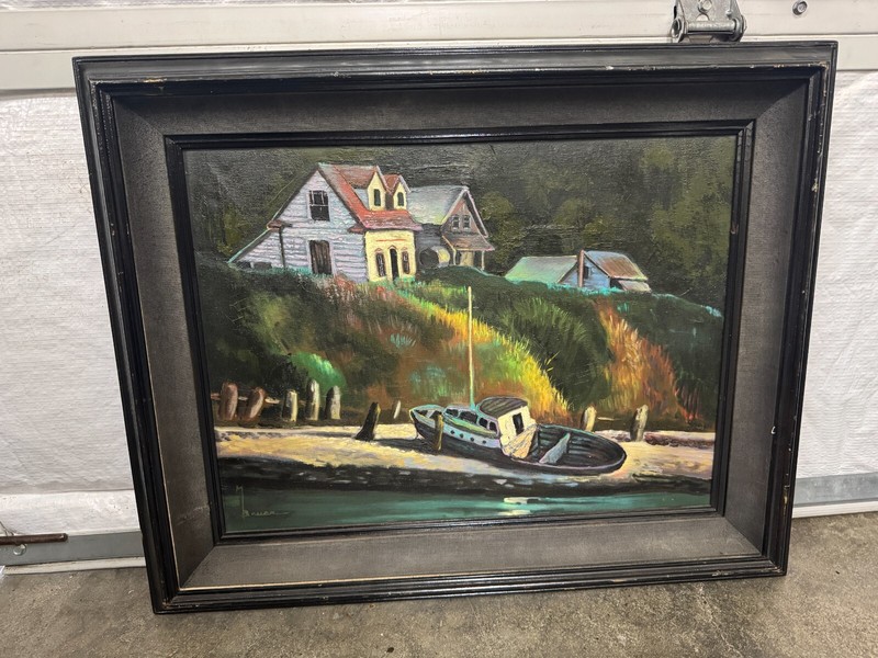 Vintage Framed Oil Painting Signed M. Bauer – Coastal Scene w/ Boat & Houses