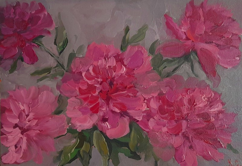 peonies original oil painting, bouquet pink peonies art, flowers oil paintings