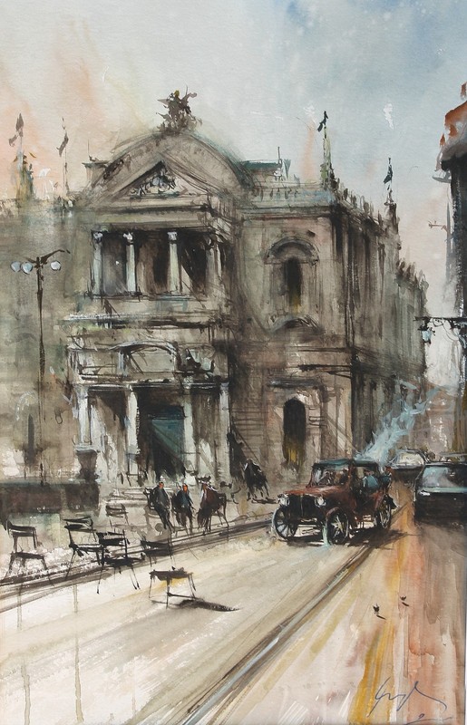 ORIGINAL PAINTING WATERCOLOR BRNO CITY SCAPE ARCHITECTURE THEATRE CAR 19″x 12″i