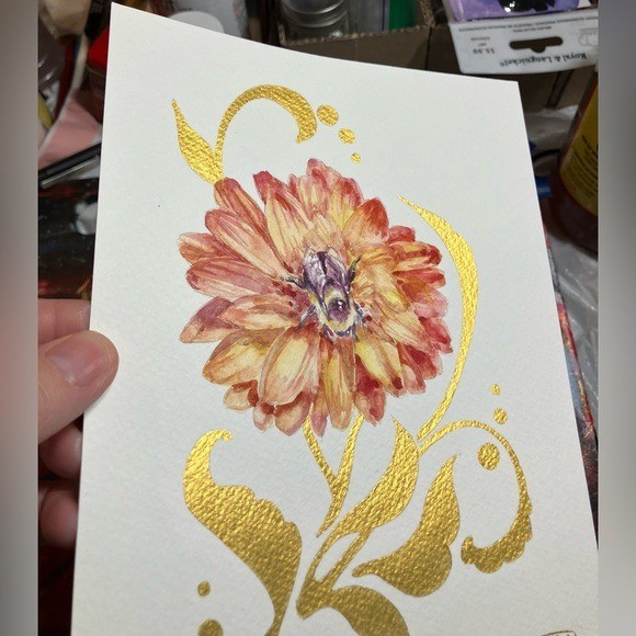 Bumblebee Original Watercolor Painting bee Dahlia Flower Art Gold accent floral gallery