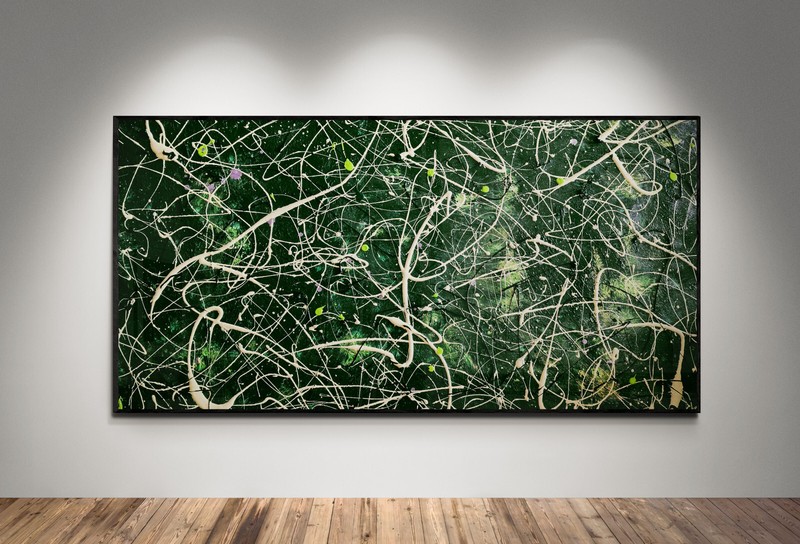 XXL Jackson Pollock Style Green Abstract Painting – Handmade Drip Art – 78×39 in