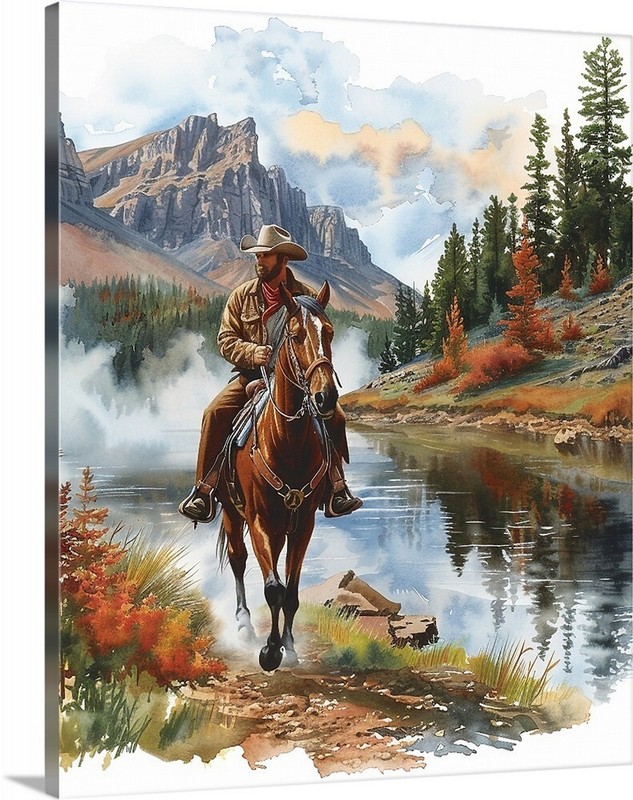 Montana Cowboy Riding His Horse along the River Trail Canvas Wrap Wall Art
