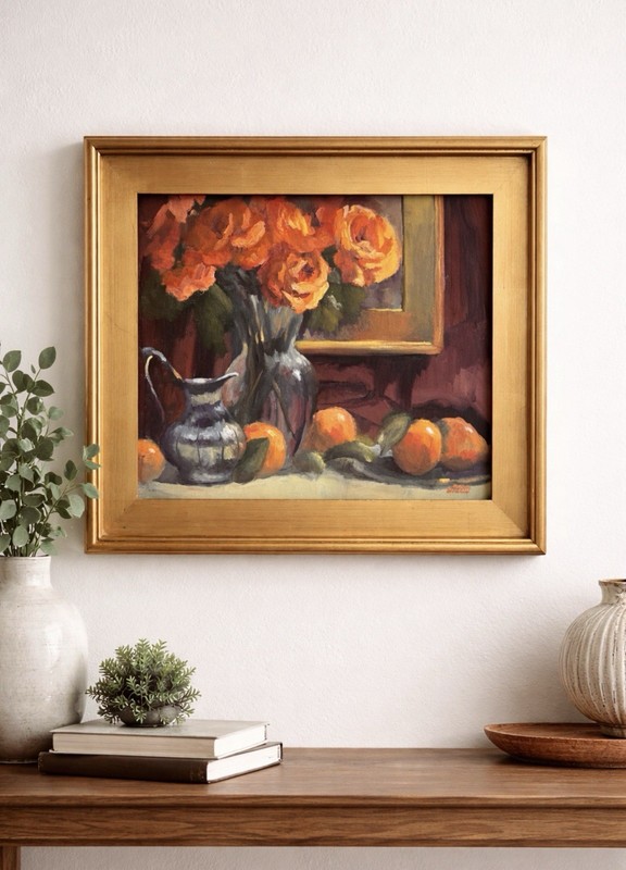 Original Oil Painting Floral Still Life w/Silver Pitcher - Mark Monssart 16x20 gallery