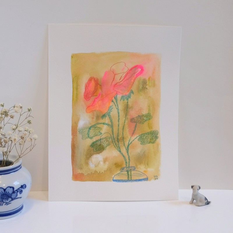 Neon Nasturtium Garden Gouache Flower Painting 100% Cotton Paper 6" x 8"
