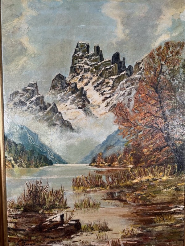 George Browne Original Oil Painting Mountain Lake Snow Trees Wall Art Framed gallery
