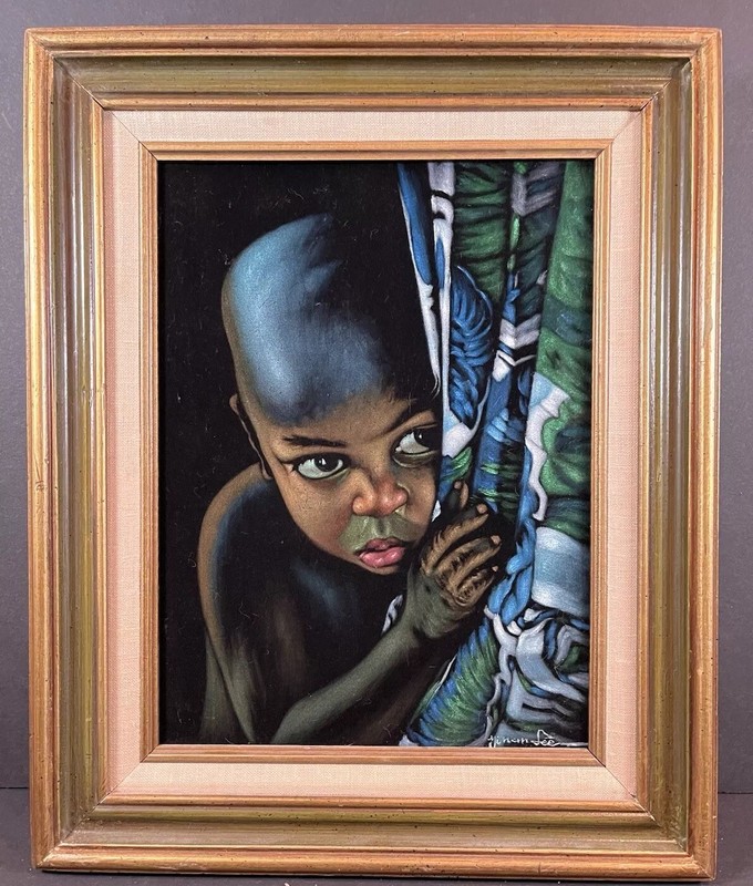 Big Eyes Scared Boy Black Velvet Oil Painting Signed Mid Century Art Framed