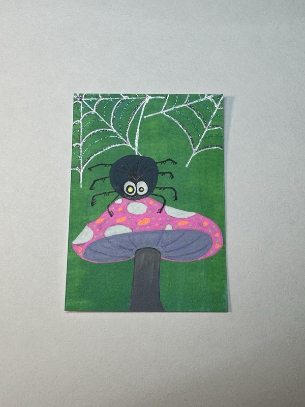 ACEO Original Hand Painted Acrylic Art Card Big Spider With A Mushroom 2.5 X 3.5 gallery