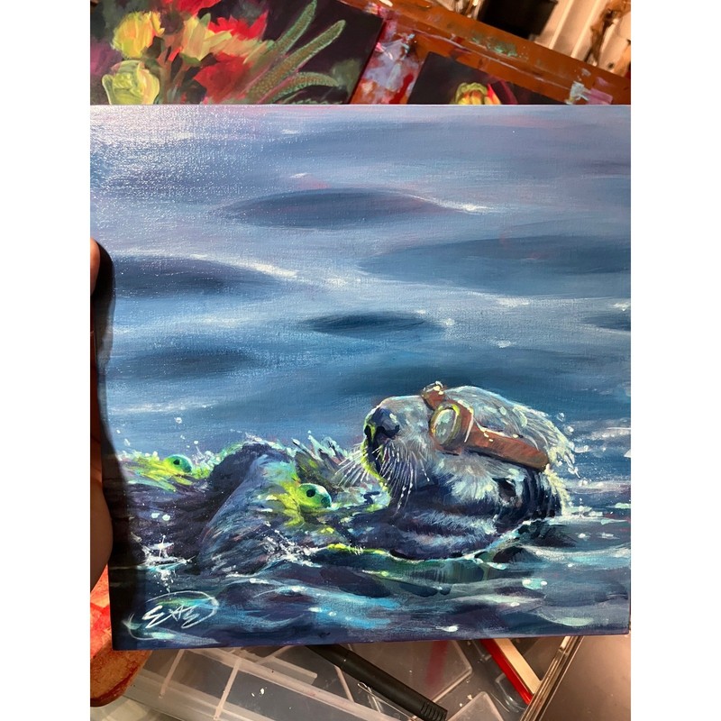 ORIGINAL Sea Otter Painting Goggles ocean Art surrealism ladybugs Artwork USA