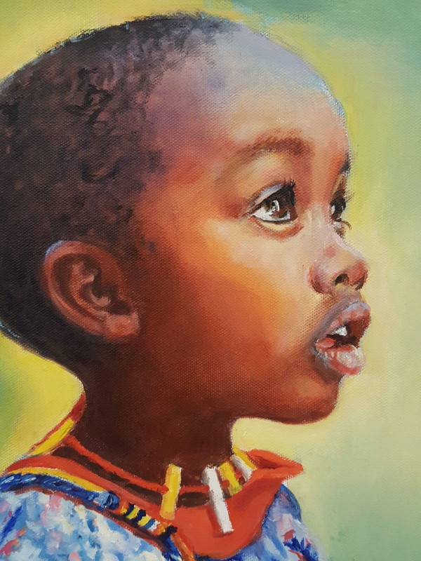 Original oil painting 'Kenyan Child' African boy framed signed Dawn Canfield gallery