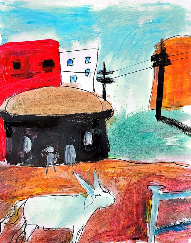 Goat In City Abstract Expressionist Original Painting 11×14 Paper.