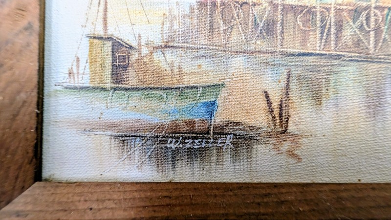 Vintage W. Zeller Oil Painting - Nautical Harbor Scene Lighthouse - Framed 8x10 gallery