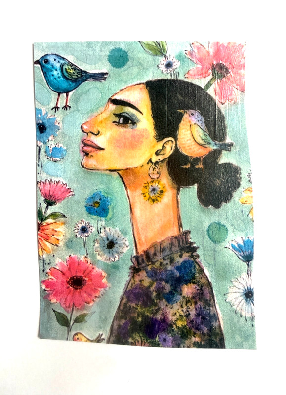 OOAK Woman & Birds ACEO Mixed Media Art Whimsical Portrait Miniature by AdriO gallery