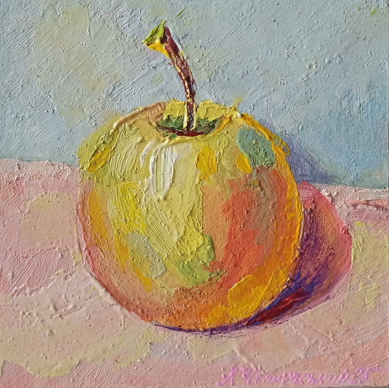 Apple Impasto Painting Original Art Impression Oil Painting 6 x 6 in