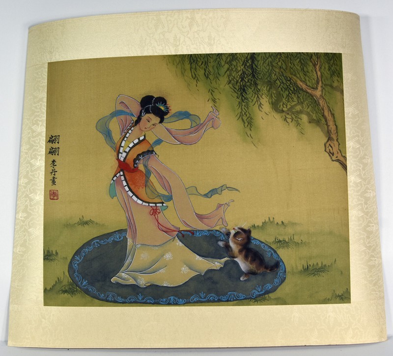 14″ Antique Chinese Watercolor Painting Young Woman Maid Brown Cat Blue Rug