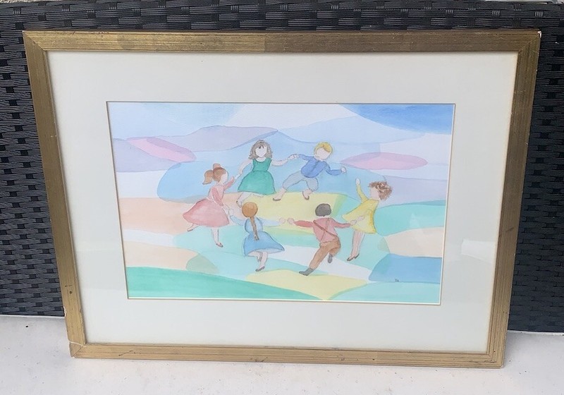 VTG Ring Around The Rosies Kids Playing Dancing Watercolor 16 3/8”T 21 1/8”W
