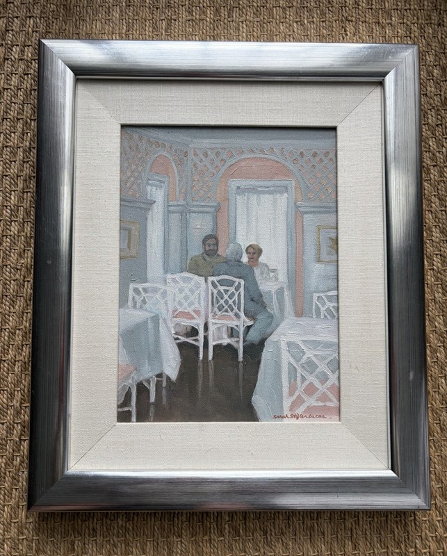 Vintage Oil Painting STEVE’S CAFE Sarah Stifler Lucas 1994 Centerbrook CT Orig.