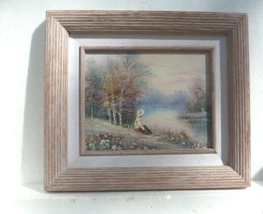 Impressionist Oil Painting Artist P. Minton Girl Fishing by River. Beautiful.