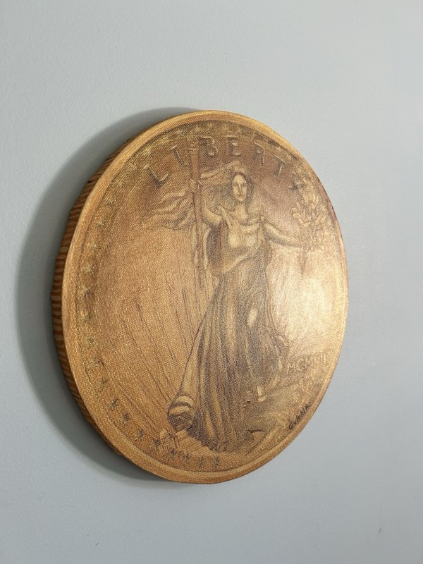Rare Coin Collection Gold Liberty Original Painting 12 inches gallery