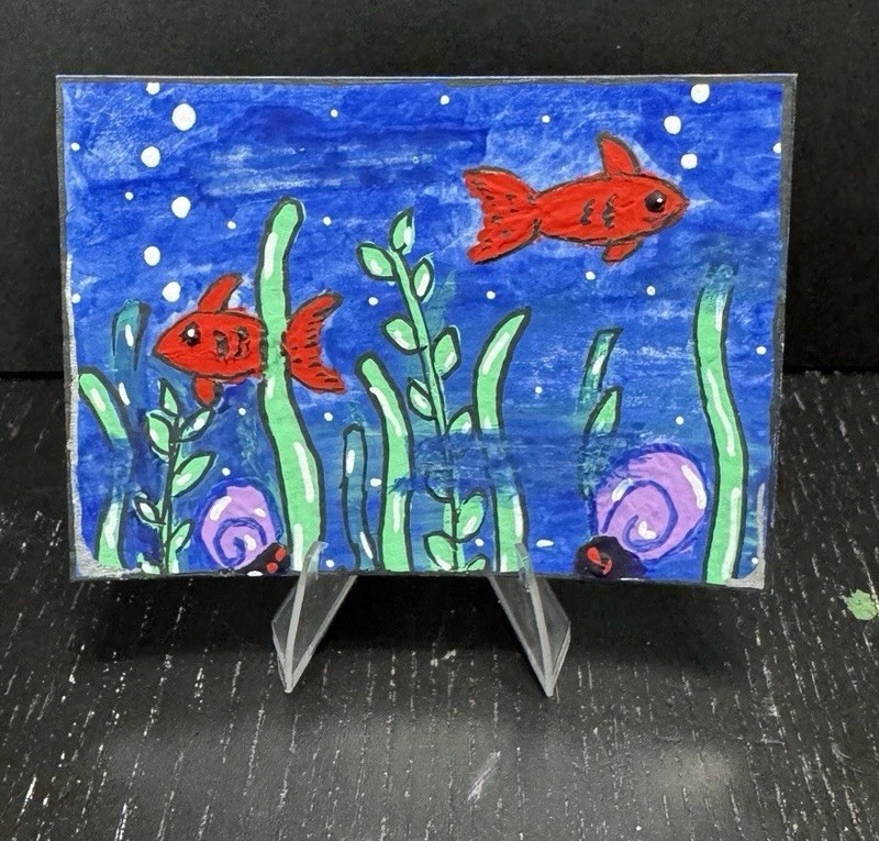 ACEO Original Painting Aquarium Fish Tank Goldfish ATC Blue Red AnnieMakesArt