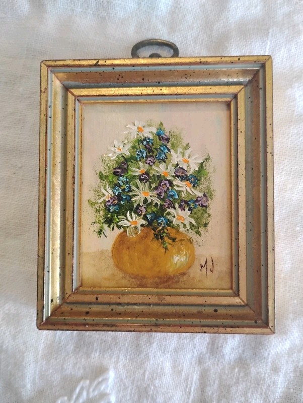 Miniature oil painting original Still Life Signed MJ Flowers In Vase