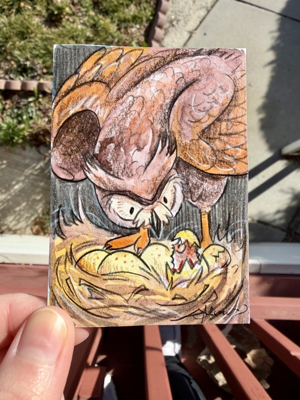 Original ACEO Owl Nest Painting- By Alannah Dyer- Watercolor Mini Art 2.5×3.5