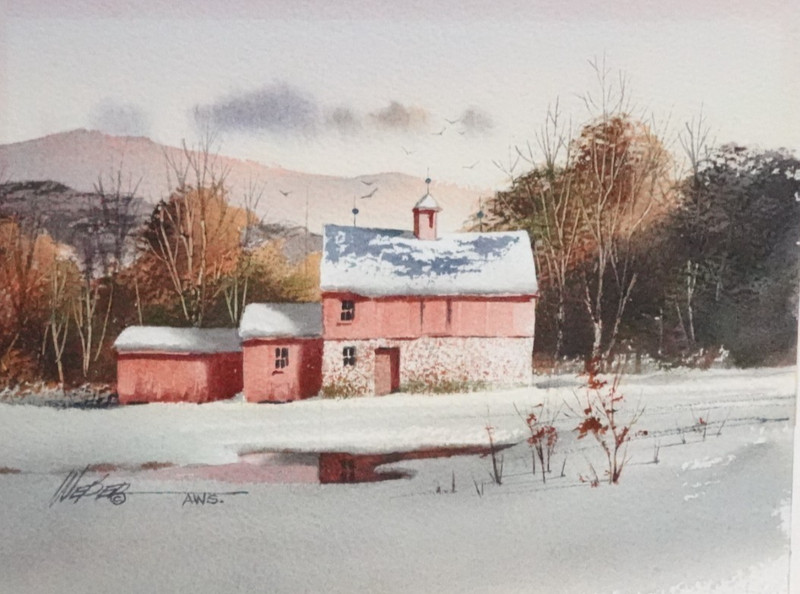MICHAEL WEBER «WINTER TWILIGHT» ORIGINAL WATERCOLOR LANDSCAPE PAINTING 1987