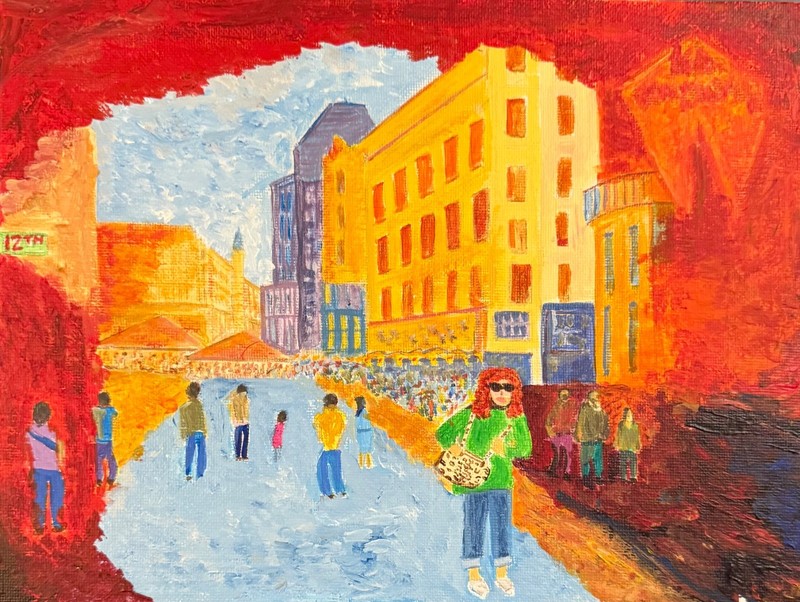 Original Painting 9X12 Acrylic Canvasboard Urban Shopping OOAK signed