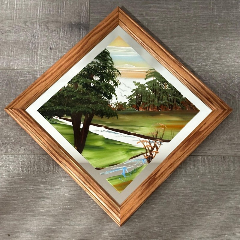 Original Norm Klumpstra Oil Painting on Mirror -Peaceful Meadow Stream Scene 14″