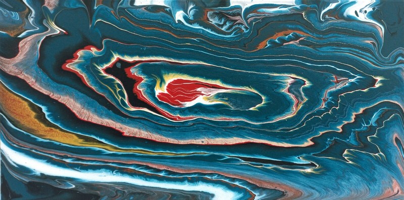 Original Abstract Painting Red Center Dark Blue Flowing Layers Artwork, 12×24