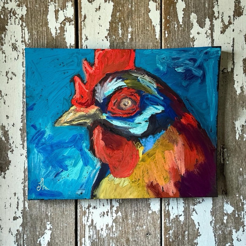 Original Rooster Chicken Painting Oil on Paper Signed 14×11 Colorful Animal Bird