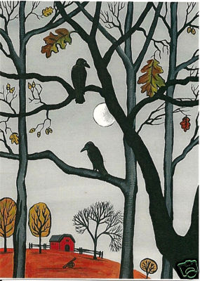 ACEO RYTA FOLK ART PRINT OF PAINTING CROW WHIMSICAL HALLOWEEN FARM Landscape 🎃