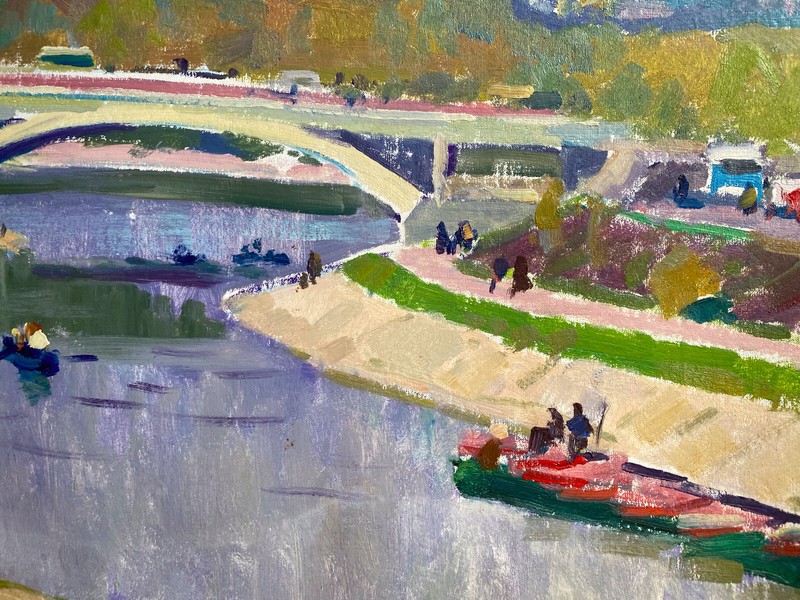 :: ÖLGEMÄLDE STADTANSICHT MIT BRÜCKE UND FLUß IN RUSSLAND BOOTE UND MESCHEN gallery