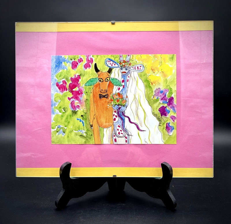 VTG 1988 Framed Signed Holly Haas Watercolor Painting Fantasy Animals Wedding