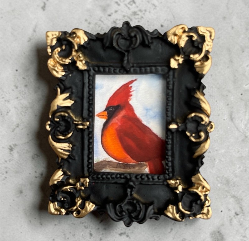 TEENY MINI • Red Cardinal watercolor bird print in TINY ornate frame