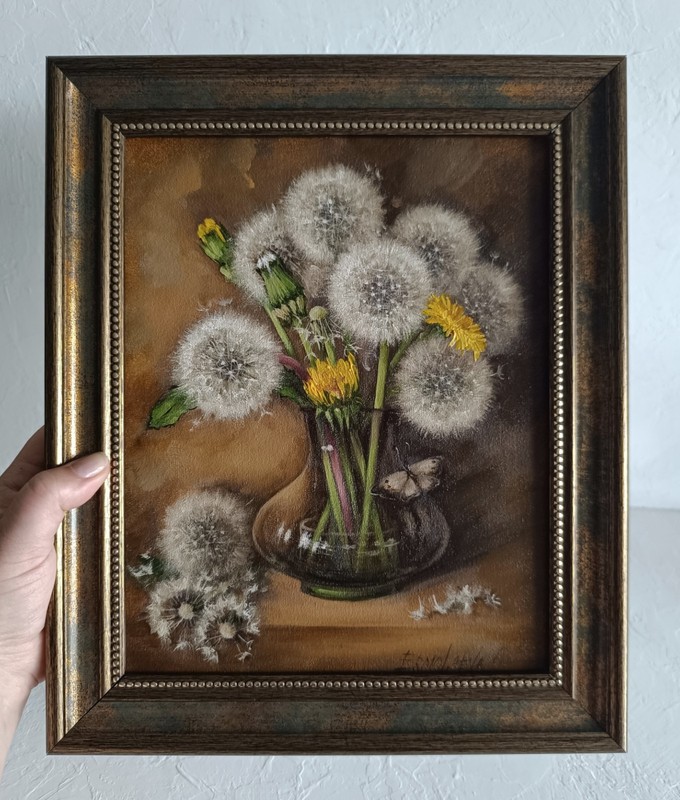Dandelion Bouquet Original Oil Painting Framed Floral Still Life Art 8×10 in