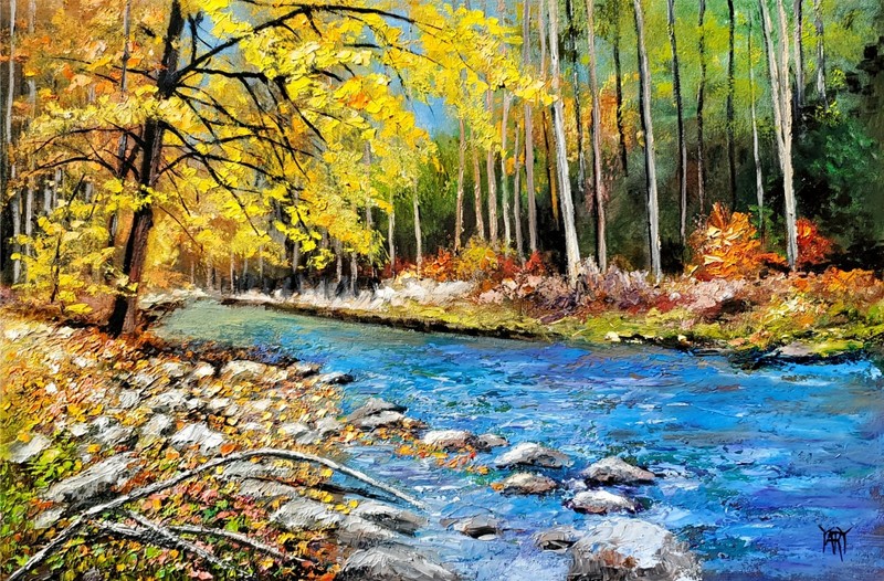 NO IMPORT FEES Yary Dluhos Autumn Landscape River Trees Original Oil Painting