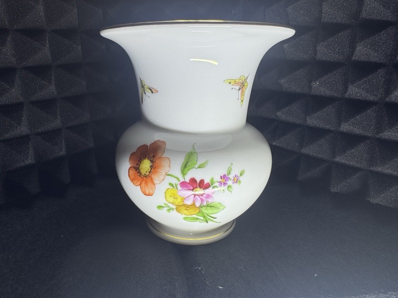 KPM Berlin Porcelain Vase Hand Painted Flowers & Insects Gold Rim Germany 4.5”