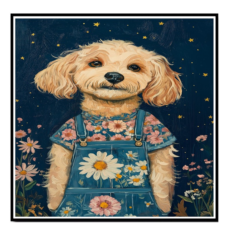 Dog in Overalls Floral Rustic Home Decor Flat Rolled, Framed or Wrapped Canvas gallery