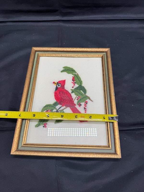 Vintage 1978 Needle Punch Embroidery Red Cardnal on Tree Branch Framed 9x7 gallery