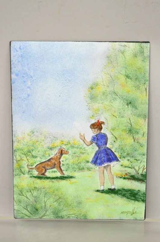 Dom Dominic Mingolla Enamel on Copper Painting Girl with Dog in Field 12 x 9 gallery