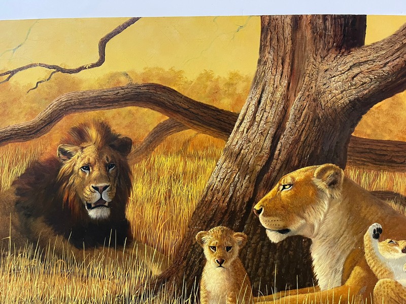 Russell Johnson Painting Illustration Quality Wildlife Lion Landscape Large 48” gallery