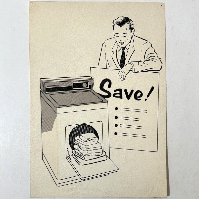Vintage 1950’s Laundry Appliance Original Concept Art Hand Drawn Man “Save!”