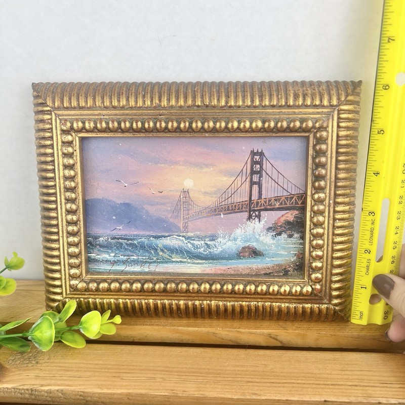 T. Sander Signed Golden Gate Bridge Original Oil Painting In Gold Frame 8”x6” gallery