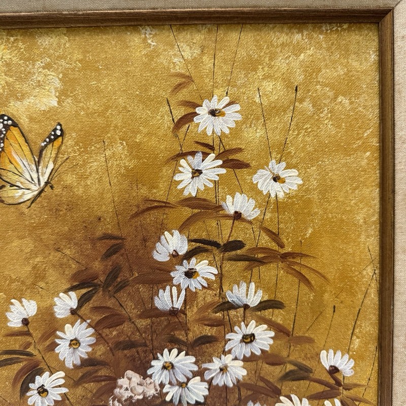 Vintage Original Signed Daisy Flowers Daisies Butterfly Painting Framed 12x16 gallery