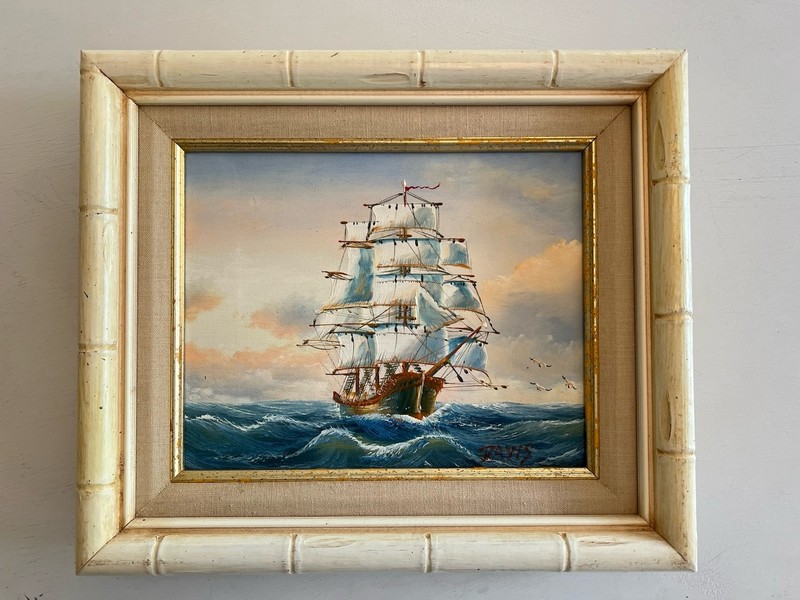 Maritime Seascape Framed Painting Canvas Ship Ocean Wood Bamboo Signed 12×14”