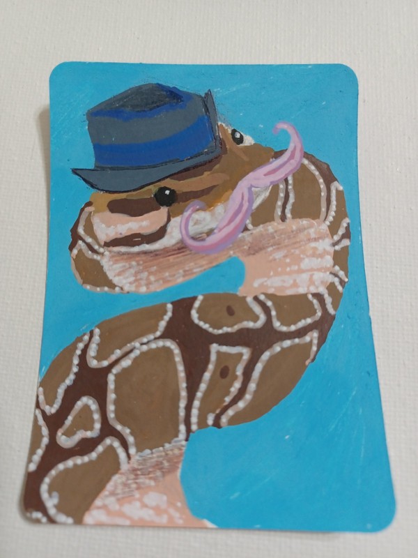 ACEO Original Ball Python Cute Funny Humorous Pink Mustache Art Card Noelleon