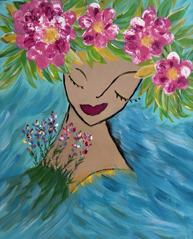 Original Painting Wall Decor Whimsical Acrylic Canvas 16 X 16 Floral Blue