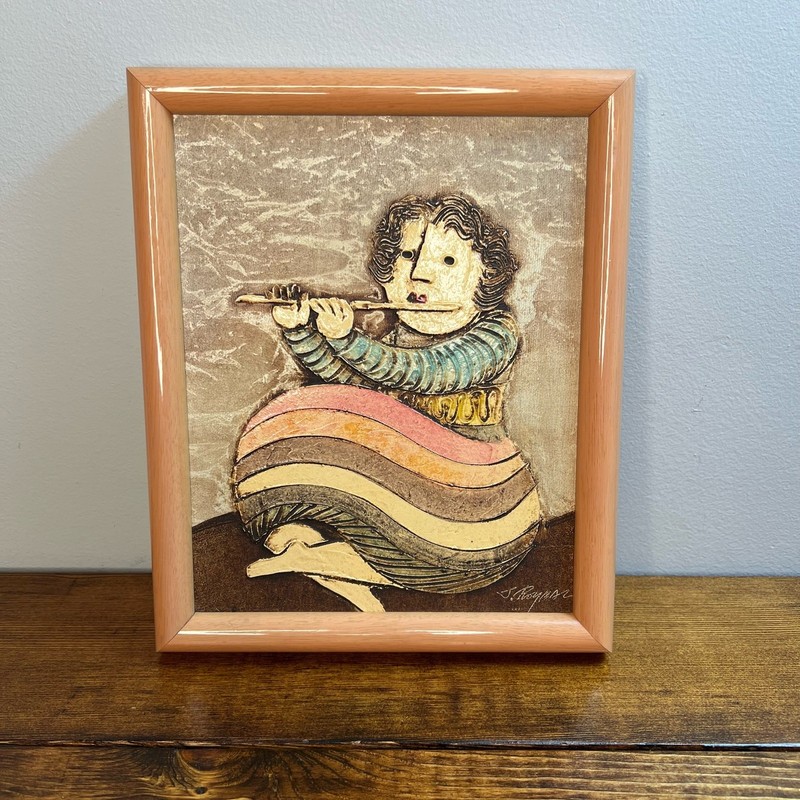 Vintage Joyce Roybal Rare Acrylic On Canvas Flute Player colorful dress 8×10
