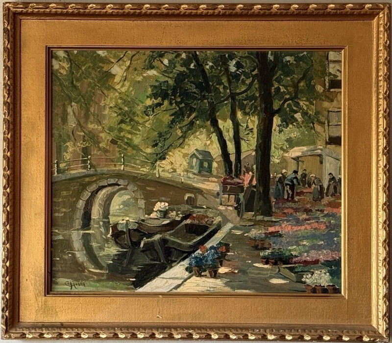FINE ANTIQUE LANDSCAPE IMPRESSIONIST OIL PAINTING OLD VINTAGE BRIDGE SIGNED 1950
