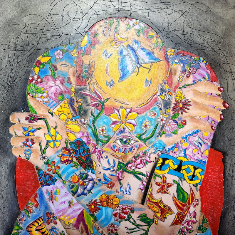 Tattooed nude bald woman chair painting human figure etched art colorful gallery gallery